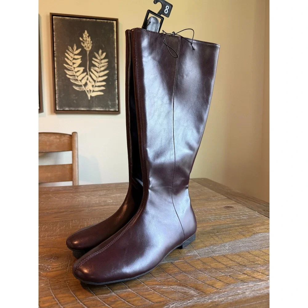 Time and Tru Womens Burgundy Flat‎ Tall Boots Memory Foam 8 Equestrian Wine Dark